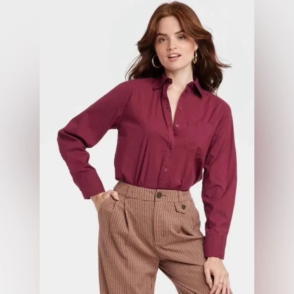 Women's Long Sleeve Maroon Button-Down Boyfriend Shirt A New Day MEDIUM NWT